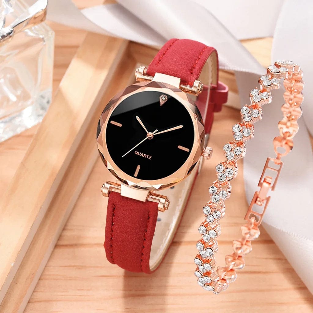 Showlu Fashion Store Red 2pcs Luxury Fashion Women Watch Set PU Leather Strap Ladies Quartz Wristwatch Rhinestone RoseGold Alloy Bracelet for Ladies Gift