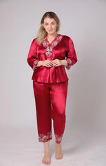  Showlu Fashion Store Red 2pcs Set / XL Large Size 3/4 Long Sleeve 2PCS Lady Satin Pajamas Set Sexy Lace Flower Sleep Suit Lounge Sleepwear XL-6XL Lingerie Home Clothes