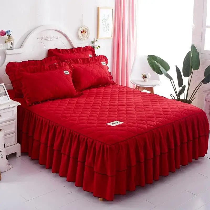  Showlu Fashion Store Red / 3PCS 120x200cm Solid Color Elastic Thickened Velvet Bunk Mattress Protective Cover Bedding Non-Slip Breathable King Skirt Individual Pillowcase