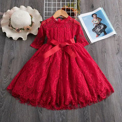  Showlu Fashion Store Red / 3T Kids Dresses For Girls Flower Lace Tulle Dress Wedding Little Girl Ceremony Party Birthday Dress Children Autumn Casual Clothing