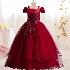 Showlu Fashion Store red 431 / 6T New Princess Girls Dress 2022 Summer Lace Bridesmaid Party Dress Flower Costume Kids Dresses For Girls Wedding Dress Vestido