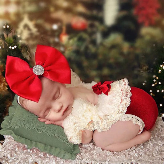 Showlu Fashion Store Red(AE存量)*** / 0-1Month Ylsteed Newborn Lace Romper with Matching Ribbon Bow Headband Baby Girl Christmas Photography Outfits Red Rhinestone Hairband