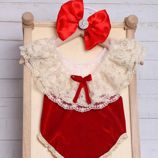 Showlu Fashion Store Red(AE存量)*** / 0-1Month Ylsteed Newborn Lace Romper with Matching Ribbon Bow Headband Baby Girl Christmas Photography Outfits Red Rhinestone Hairband