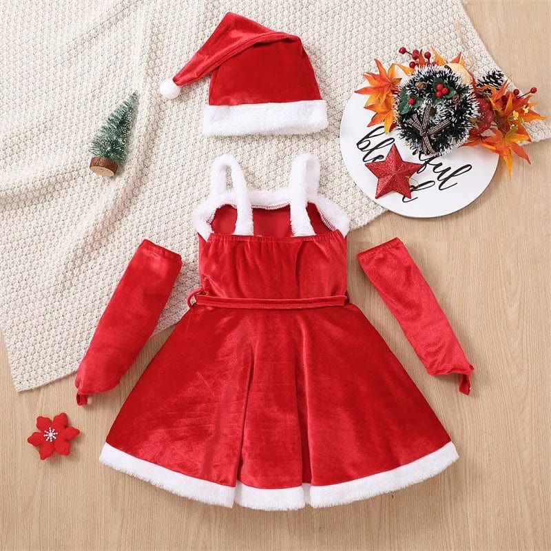  Showlu Fashion Store Red(AE存量)*** / 3T Toddler Newborn Baby's Clothes Girls Christmas Santa Costume Sleeveless Belted Dress Gloves Hat Set Children's Clothing Winter