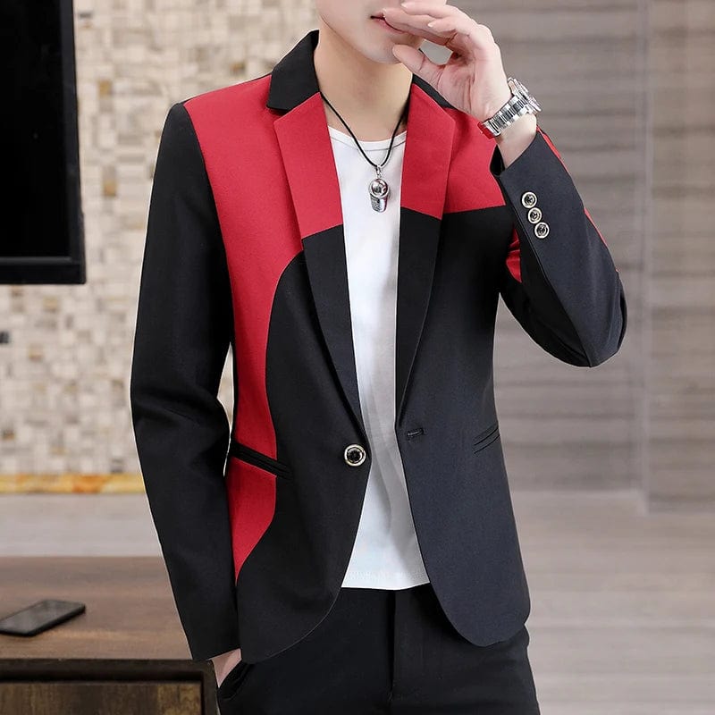  Showlu Fashion Store Red / Asian M is Eur XS Men Casual Blazer Stitching Color Business Slim Fit Suit Coat High Quality Long Sleeve Male Formal Single Buckle Suit Jacket