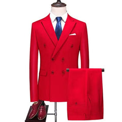 Showlu Fashion Store Red / Asian M is US 3XS 2023 Fashion New Men's Business Double Breasted Solid Color Suit Coat / Male Slim Wedding 2 Pieces Blazers Jacket Pants Trousers