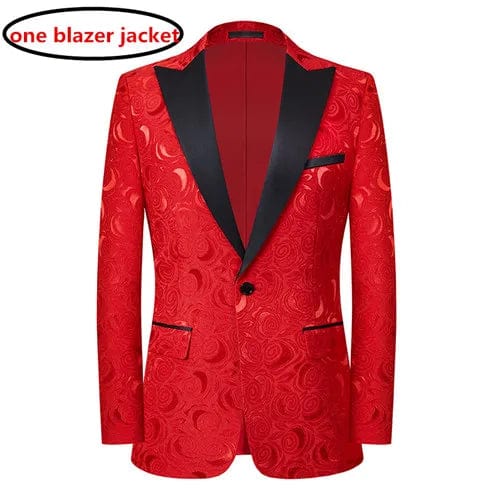  Showlu Fashion Store Red Blazer 681 / Asian Size S High End Gentleman Jacquard Suit Men Clothing Red Black White Fashion Luxury Men's Wedding Party Dress Slim Fit Blazer and Pants