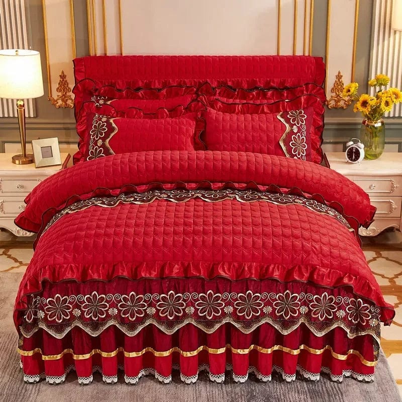 SHOWLU FASHION STORE Red / CHINA|Bed Skirt / 2x2.2m (6.6 feet)bed Europe Thick Velvet Quilted Bedding Set Duvet Cover 220x240 Luxury King Queen Bed Linen 2 People Bedspread Lace Ruffles Solid