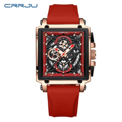  Showlu Fashion Store Red CRRJU Men's Sports Chronograph Wrist Watch For Men Army Silicone strap Square Quartz Stop Watch Clock Man Relogios Masculino