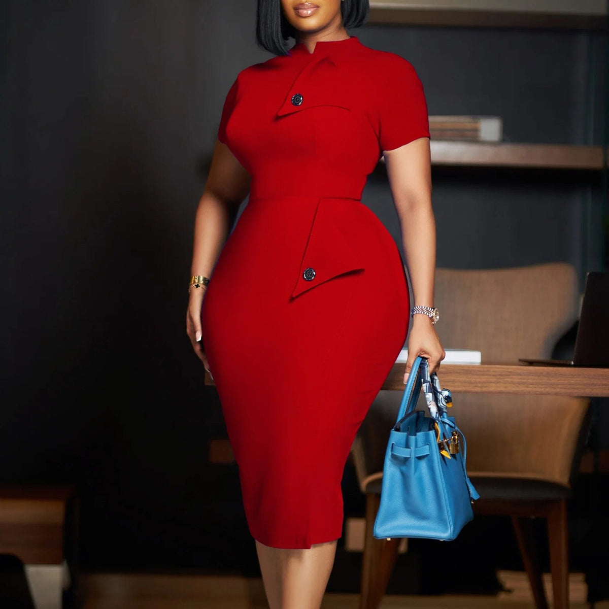 SHOWLU FASHION STORE Red Dress / L Elegant Bodycon Dresses for Office Ladies O Neck Short Sleeve Buttons Sheath Package Hips Mid Calf Professional Work Dress Midi