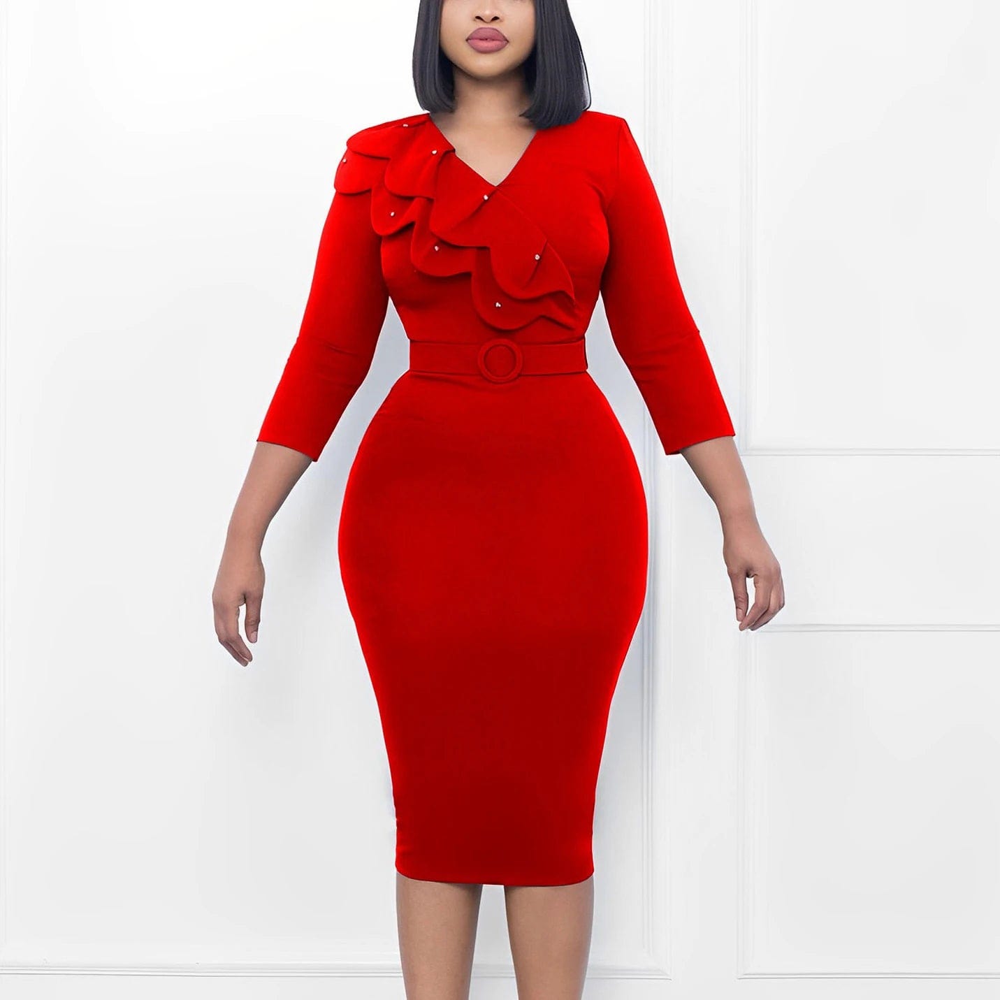 SHOWLU FASHION STORE Red Dress / S Elegant Office Dresses for Women V Neck Full Sleeve Ruffles Belt Waisted Package Hips Mid Calf Professional Work Dress Midi Robe