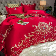 SHOWLU FASHION STORE Red / Flat Bed Sheet / Queen   4pcs Egyptian Cotton Bedding Set Golden Embroidery Home Textiles Super Soft Bed Duvet Sheet Set King Queen Size Chic Stitch Linen 이불