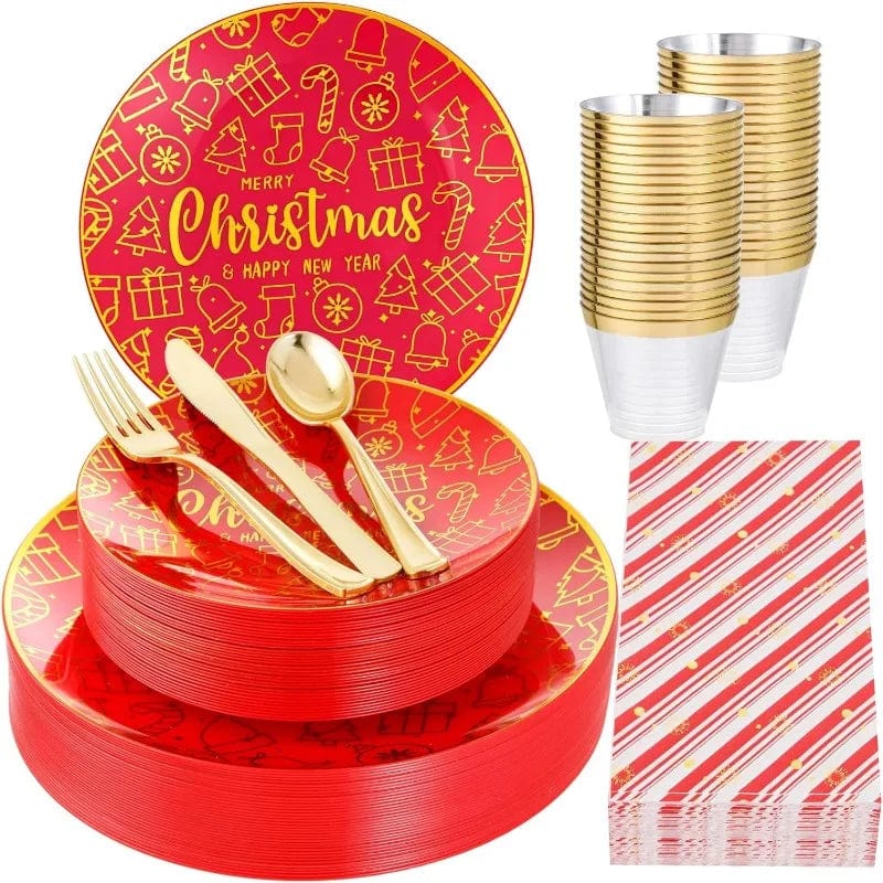 Showlu Fashion Store Red Gold / United States 175PCS Solid Gold Plastic Plates with Gold Rim，Disposable Silverware Include25 Dinner Plates,25 Dessert Plates, 25 Forks