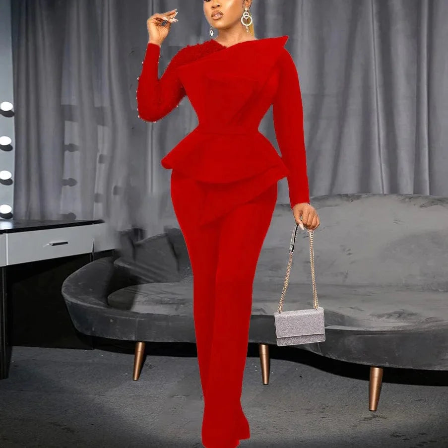 Red SHOWLU FASHION women's beaded high-waisted party jumpsuit with transparent sleeves and round neckline, elegant and stylish for women.