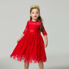  Showlu Fashion Store Red Kids Dresses For Girls Flower Lace Tulle Dress Wedding Little Girl Ceremony Party Birthday Dress Children Autumn Clothing