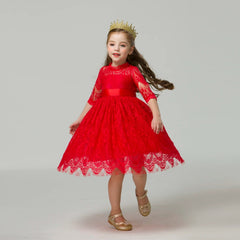  Showlu Fashion Store Red Kids Dresses For Girls Flower Lace Tulle Dress Wedding Little Girl Ceremony Party Birthday Dress Children Autumn Clothing