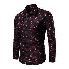 SHOWLU FASHION STORE Red / L Men Shirt Leaf Print Single-breasted Streetwear Slim-fitting Buttoned Shirt for Spring Summer Autumn Winter