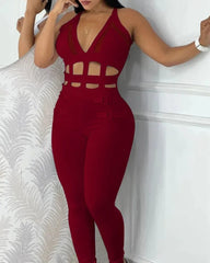 SHOWLU FASHION STORE Red / L Women Spring Summer Jumpsuits Sleeveless New Printed White Waist Hollow Out Strap Halter Tight Jumpsuit Overall Pants