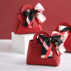 SHOWLU FASHION STORE Red Leather Gift Bags Bow Ribbon Packaging Bag Wedding Favour Distributions Bags Eid Mubarak Candy Packaging Box Mini Handbag