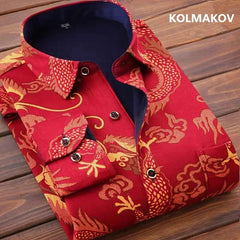 Showlu Fashion Store Red / M 2023 winter new arrival Men's fashion Shirts long Sleeve Casual print Shirt,autumn mens thicken shirt Men size M-5XL CY099