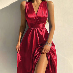 SHOWLU FASHION STORE Red / M / Russian Federation sexy Evening Dress For Women Bandage V-Neck Gowns Sexy Backless side slit sundress elegant Wedding Guest maxi dresses vestidos