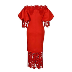 SHOWLU FASHION STORE Red / M Trend Fashion Lace Midi Dress Women Slash Collar Short Sleeve Stitching Off-Neck Dress High Waist Solid Color Bodycon Sexy Dress