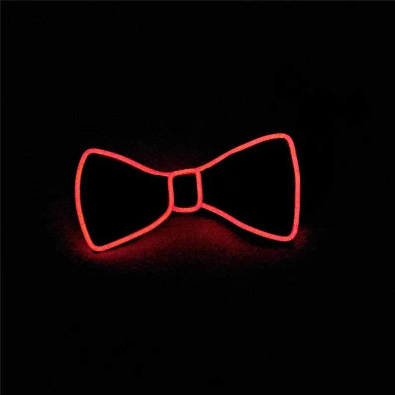 Red Showlu LED Neon EL Wire glowing bow tie, luminous party light-up prop for Halloween, Christmas, or club stage wear.
