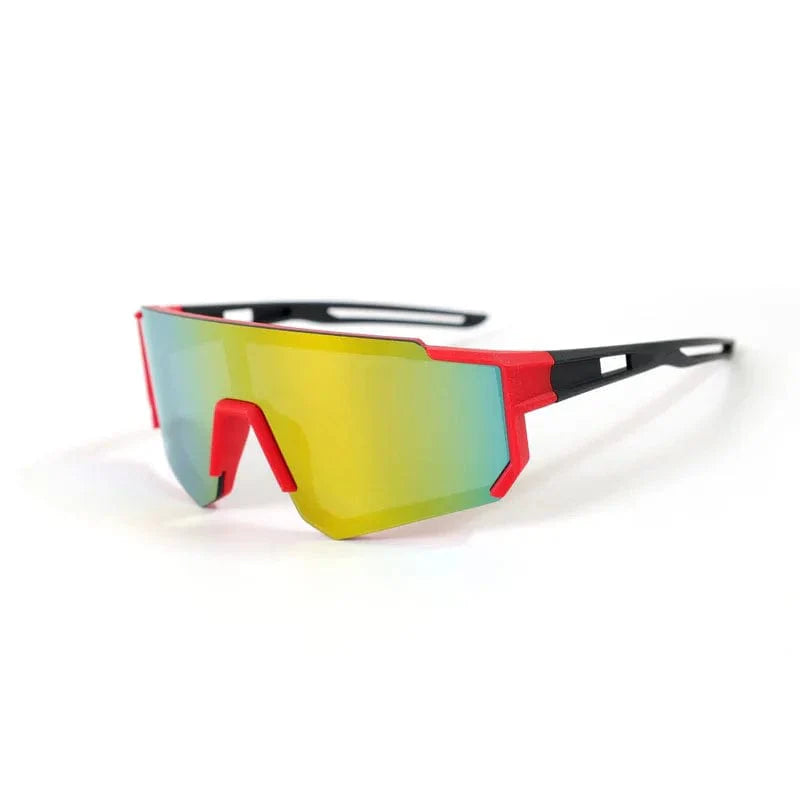 Colorful kids' UV400 sports sunglasses with red and orange frames, designed for boys and girls outdoor cycling and active wear.