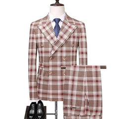 SHOWLU FASHION STORE red plaid / Asian 5XL is Eur 3XL Fashion New Men Double Breasted Plaid Suit Coat Pants 2 Pcs Set / Male Slim Fit Business Wedding Blazers Jacket Trousers