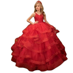  Showlu Fashion Store Red Ruffles Flower Girl Dresses Thin Shoulder Straps Tiered Appliques Sleeveless V-neck  Communion Birthday Wedding Customised