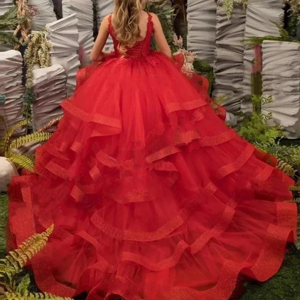  Showlu Fashion Store Red Ruffles Flower Girl Dresses Thin Shoulder Straps Tiered Appliques Sleeveless V-neck  Communion Birthday Wedding Customised