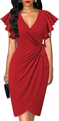 Showlu Fashion Store Red / S Bodycon Summer Dress Cocktail Faux Wrap Dresses Deep V Neck Ruffle Sleeve Ruched Party Work Formal Wedding Sexy Dress for Women