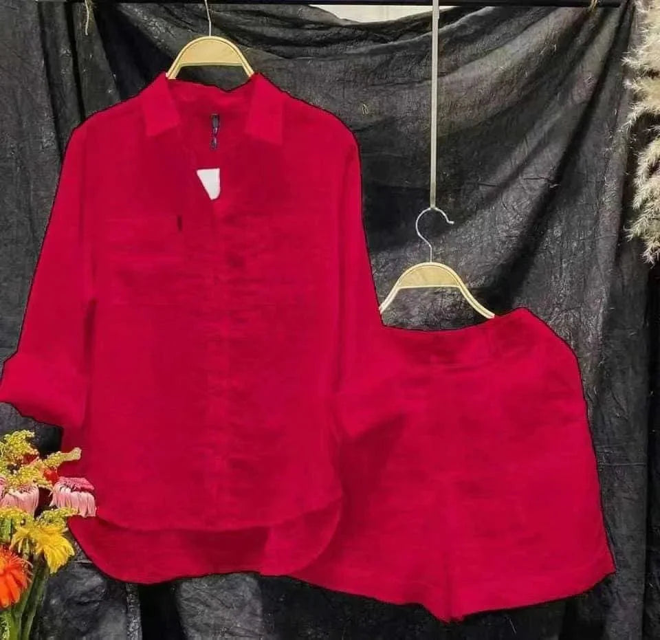 Showlu Fashion Women's cotton linen 2-piece set with white long sleeve shirt and red shorts, perfect for casual summer wear.