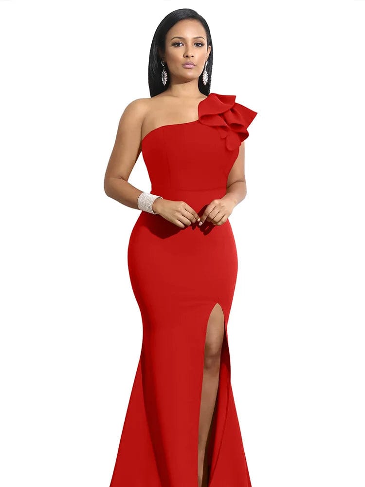 SHOWLU FASHION STORE Red / S New Summer One Shoulder Split Sexy Dress sleeveless Sloping Shoulders Dresses