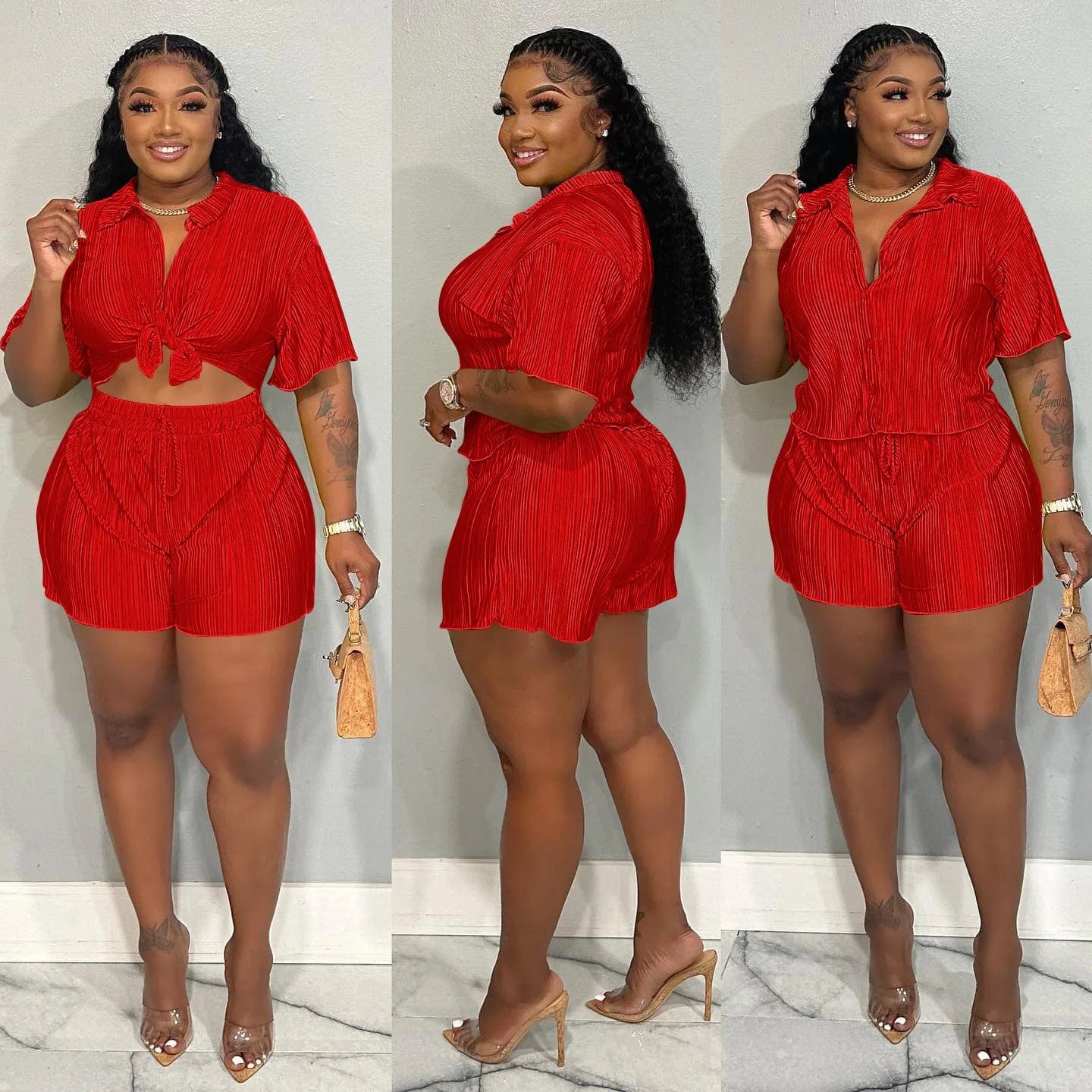  Showlu Fashion Store Red / S QFAF Fashion Pleated Women's Set Short Sleeve overiszed Shirt and Shorts Suit 2023 Summer Two 2 Piece Set Outfit Tracksuit