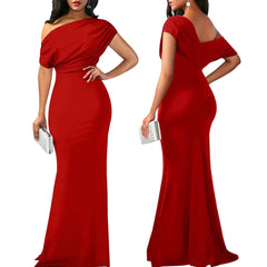 Showlu Fashion Store Red / S Women Oblique Shoulder Slim Folds Long Dress Elegant Evening Party Floor Length Dresses Vestido de festa