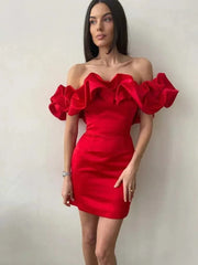 Showlu Fashion Store Red / S Women Ruffles Slash Neck Bodycon Package Hip Party Dress Sexy Streetwear Backless Strapless Mini Evening Dresses Y2K