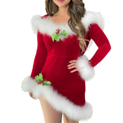  Showlu Fashion Store Red / S Women's Christmas Santa Costume Solid Color Long Sleeve Plush Trim Mini Hooded Dress Cosplay Suit