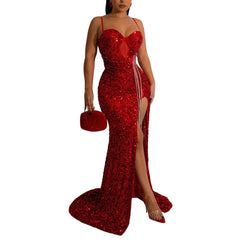 SHOWLU FASHION STORE Red / S Women Sexy Solid Color Spaghetti Strap Sequin Design Glitter Floor Length Party Dress