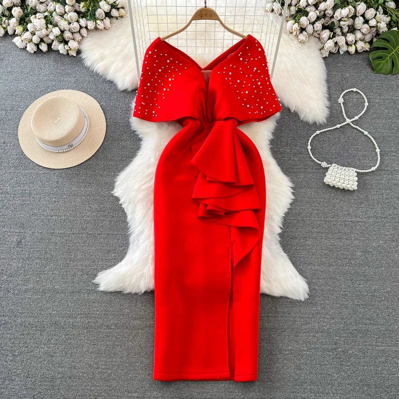  Showlu Fashion Store Red / S XFPV Women Sweet High-end Nail Bead V-neck Waist Wrap Buttocks Dress Vestidos Y2k Korean Fashion Tide Autumn Winter 2023 SM9042