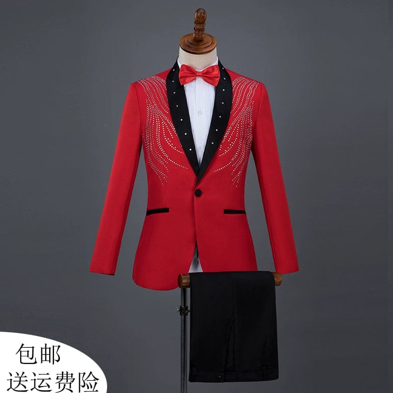  Showlu Fashion Store Red(Suit + black pants with bow tie) / 165/80A(S weight about 57.50kg) Diamond Decorations Sequined Chorus Singer Host Performance Costume