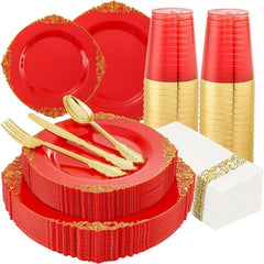 Showlu Fashion Store Red / United States 175PCS Solid Gold Plastic Plates with Gold Rim，Disposable Silverware Include25 Dinner Plates,25 Dessert Plates, 25 Forks