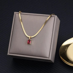  Showlu Fashion Store red / United States Vintage Rust Steel Zircon Necklace Flat Snake Bone Chain Blade Chain Square Emerald Pendant Necklace Women Dropshipping