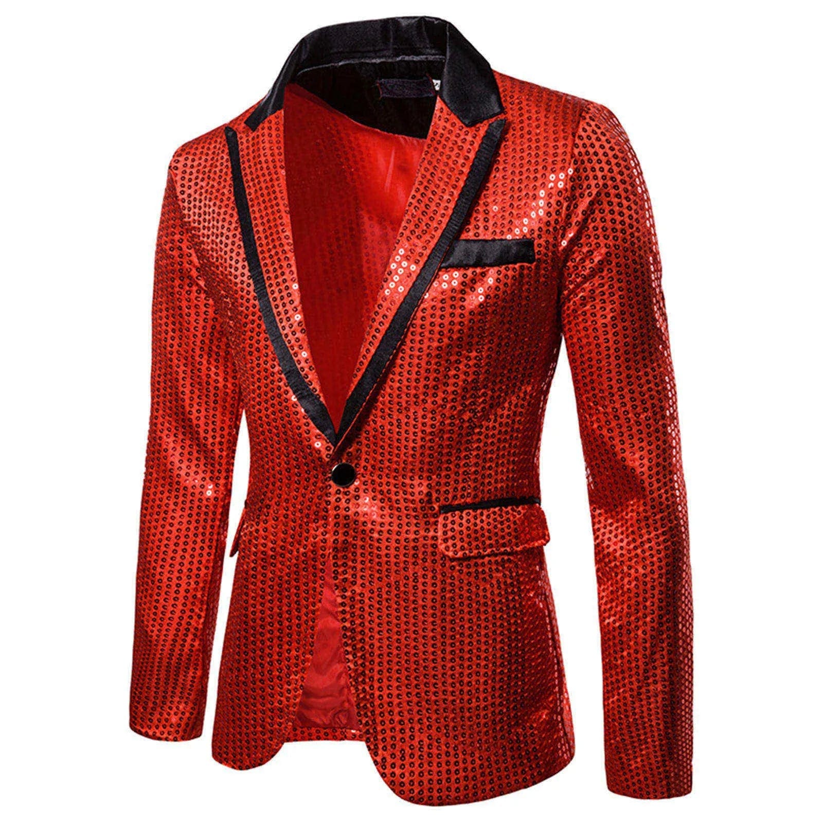 SHOWLU FASHION STORE Red / XL Fashionable Men's Luxurious Sequin Suit Jacket Color Blocking Collar Casual Single Button Blazer Coats Charm Men's Clothing