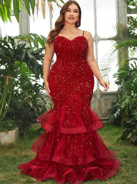  Showlu Fashion Store Red / XL Plus Size Evening Dresses Women Sequins Mesh Splicing Party Dresses Fashion Sleeveless Sling Elegant Dresses Large Size Female