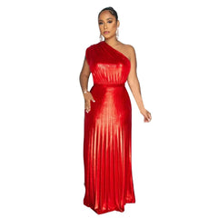 SHOWLU FASHION STORE Red / XXL Elegant Women Even Dresses Luxury Maxi Long Metallic Pleated Dress One Shoulder Sleeveless Premium Shiny Shimmer Gowns