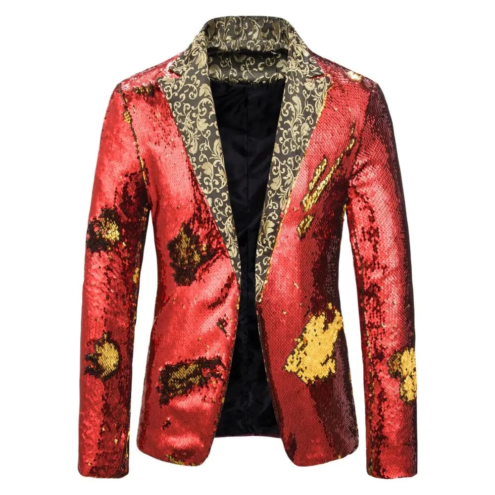 SHOWLU FASHION STORE red / XXL Men's Suit Shiny two-tone sequin shawl Collar suit Men's Wedding Groom Singer Dance Sequin Suit Jacket DJ Club Stage Men's suit