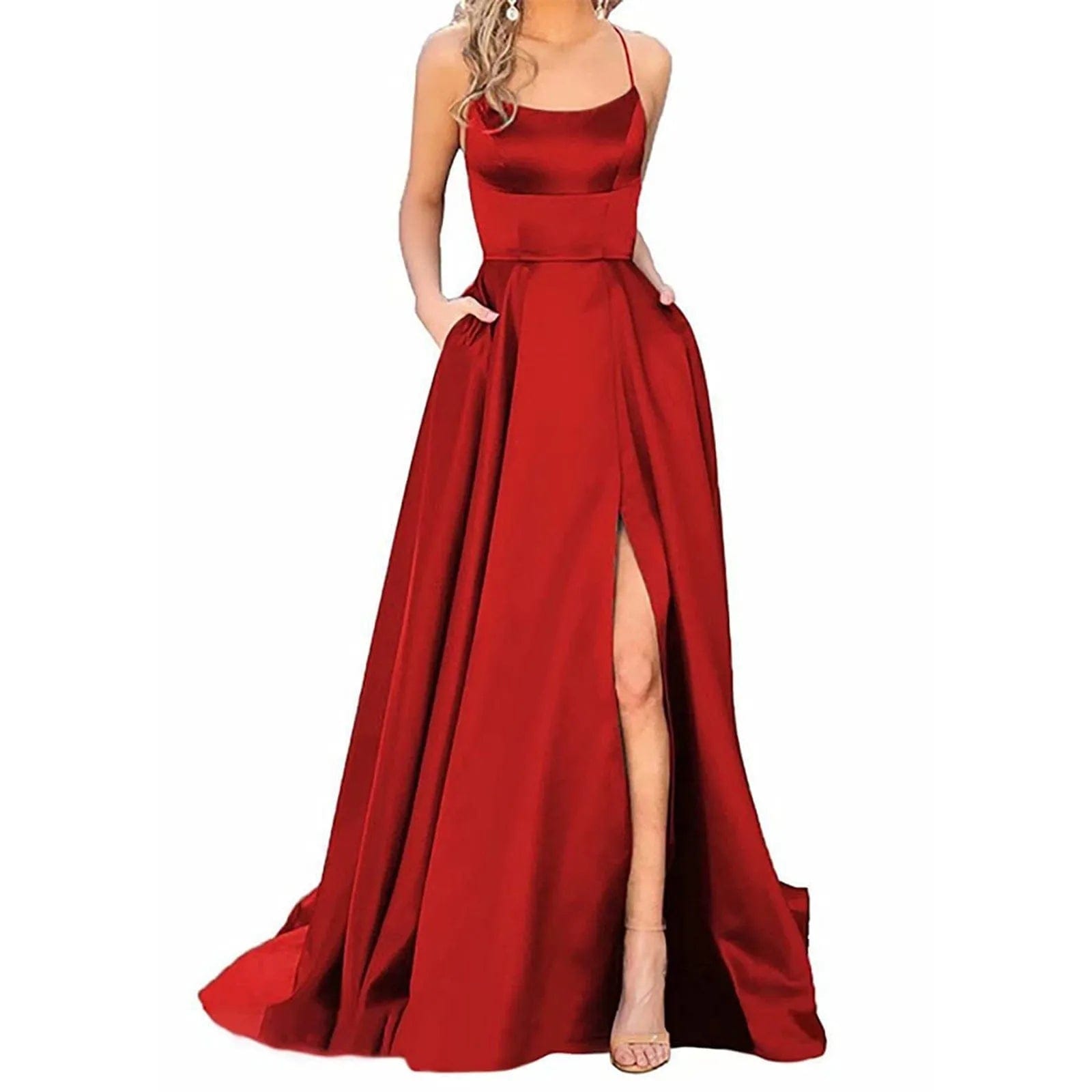 SHOWLU FASHION STORE Red / XXL Sexy Spaghetti Strap Evening Stain Dresses Fashion Red Big Swing Front Slit Party Prom Dress Elegant Wedding Dresses Balls Gowns