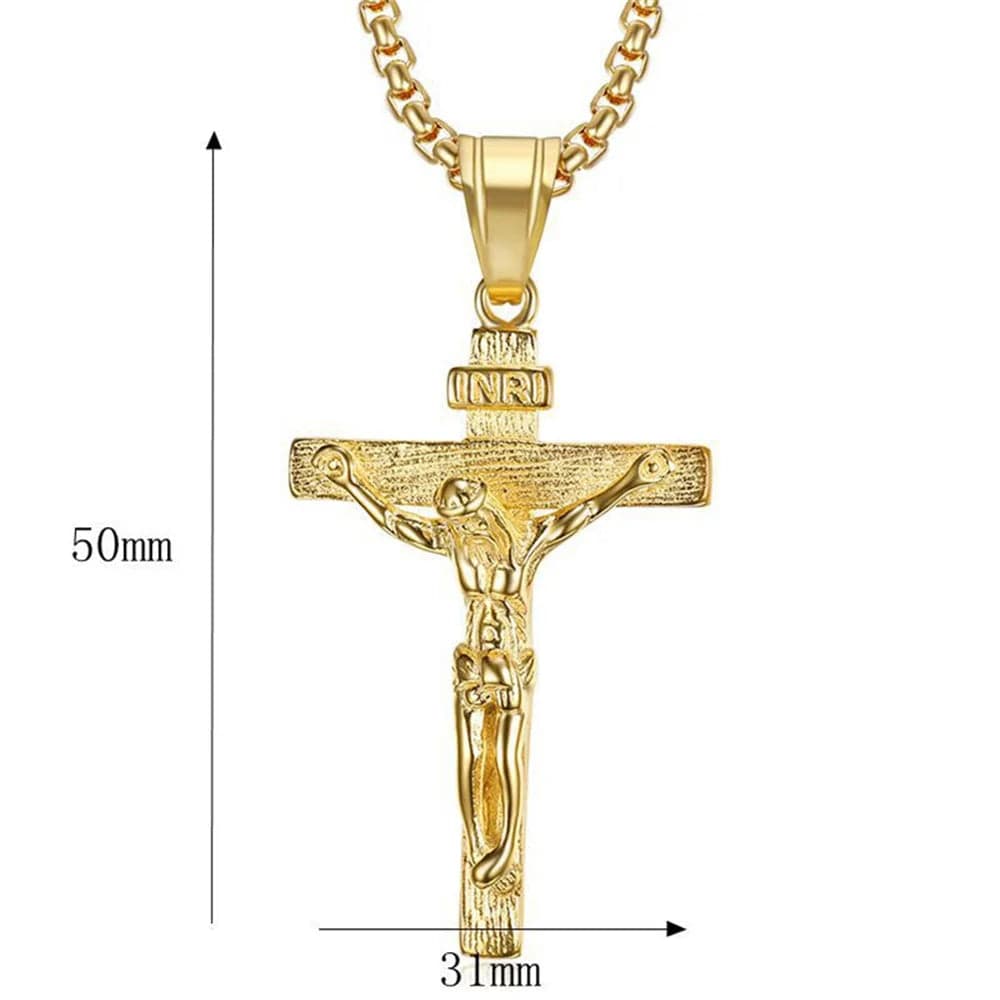  Showlu Fashion Store Religious Jesus Christ Cross Pendant Necklace for Women/Men Gold Color Stainless Steel Crucifix Necklaces Male Christian Jewelry