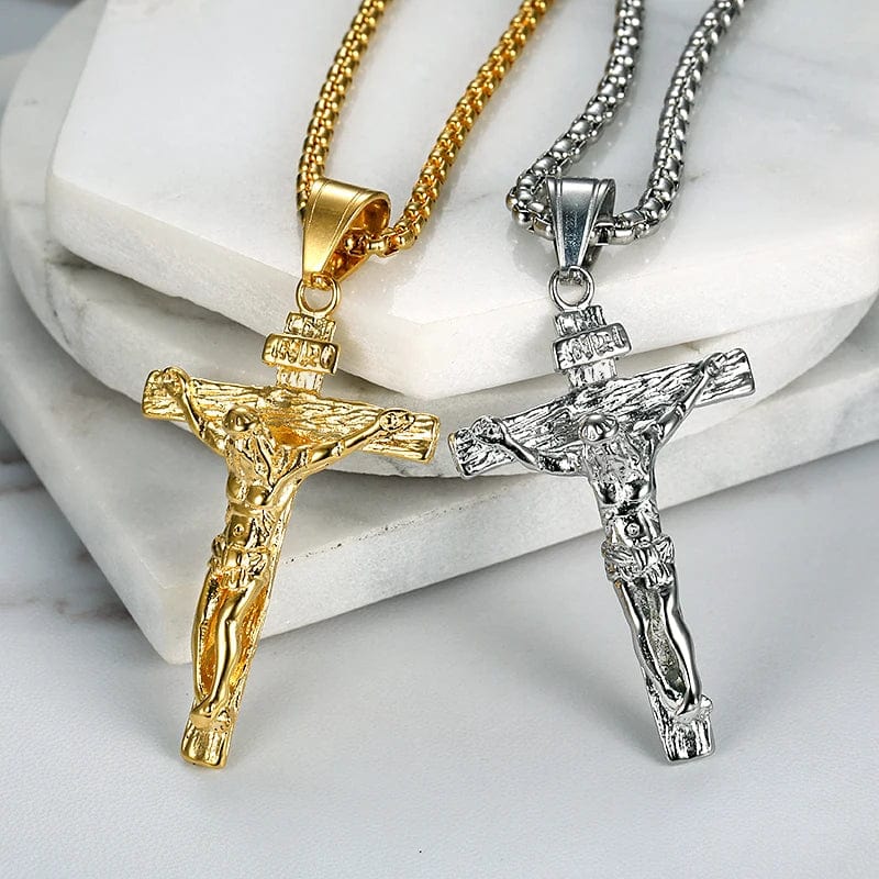  Showlu Fashion Store Religious Jesus Christ Cross Pendant Necklace for Women/Men Gold Color Stainless Steel Crucifix Necklaces Male Christian Jewelry